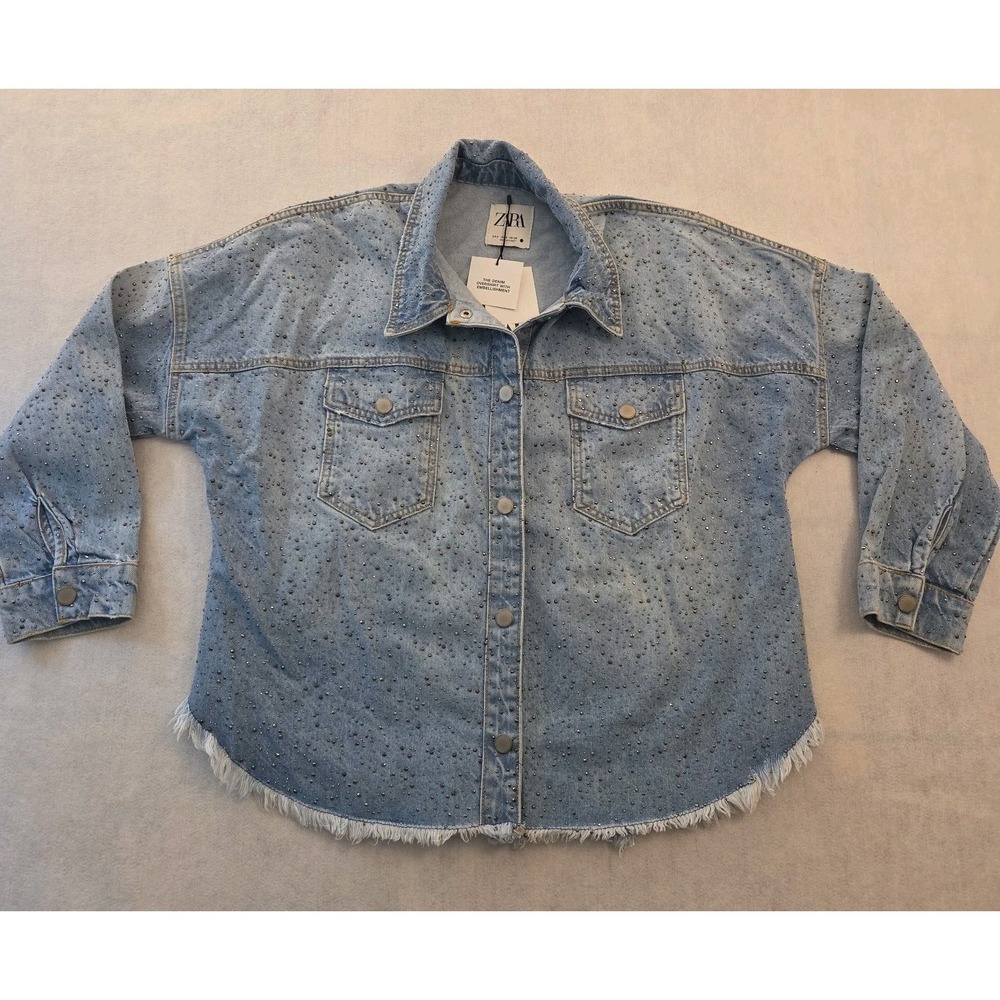 ZARA Denim Jacket Sm Light Wash Metallic Studs Embellished Frayed Hem NWT